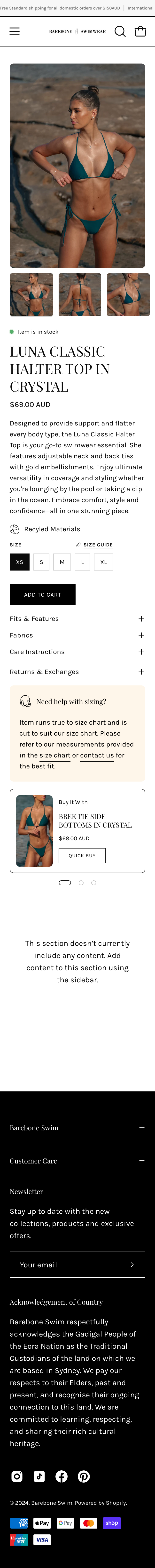 product page of Barebone Swimwear's Website